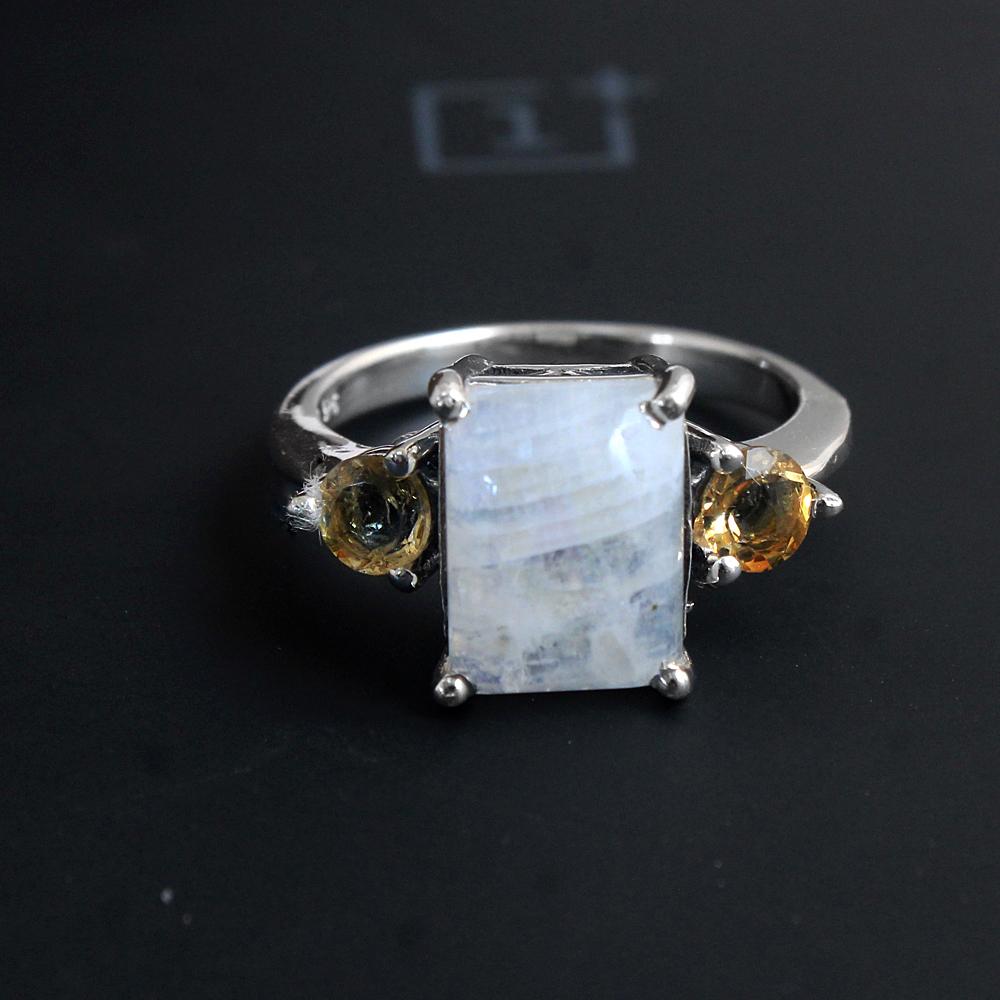 Natural Moonstone Citrine Ring Solid 925 Sterling Silver Birthstone Jewelry Statement Ring