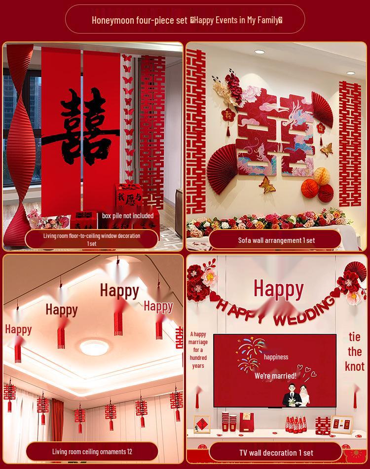 Double Happiness Wedding Room Cloth Banner Set for Ceremony and Hotel Décor