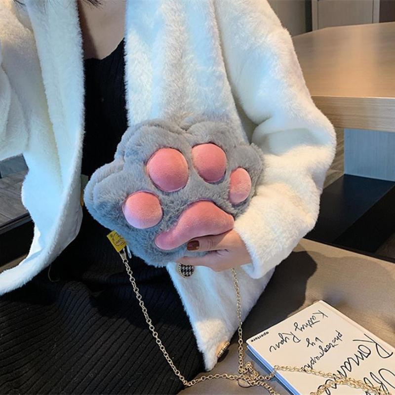 

Мультяшная Милая Плюшевая Сумка Через Плечо с Молнией в Виде Кошачьей Лапки, Вместительная, для Хранения, Сумка-Кроссбоди, Подарок светло-серый