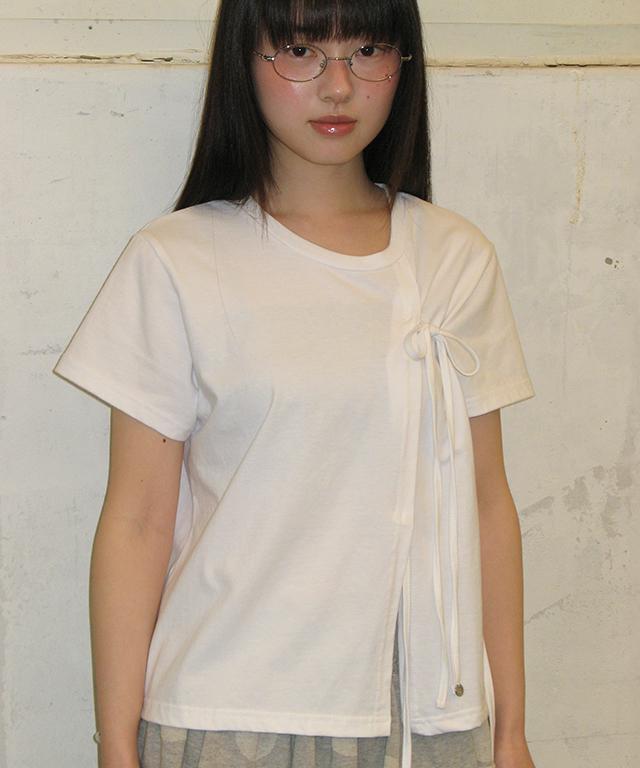 RONRON Side Ribbon Tie Wrap Short Sleeve T Shirt White