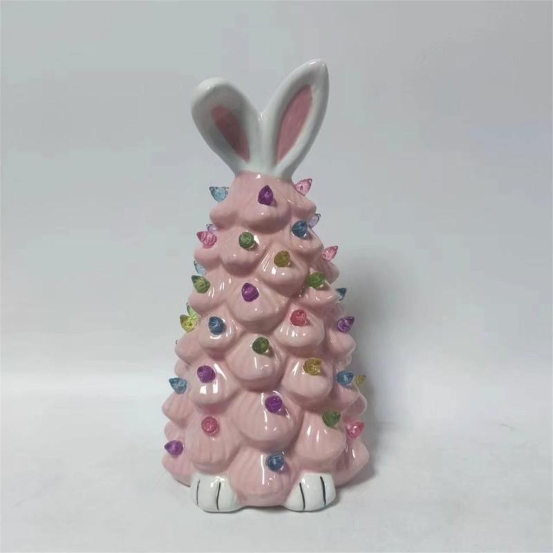 Easter Decoration White Pottery Rabbit Figurines Led Glowing Animal Ornament Rabbit Tree Crafts for Easter Party Decor