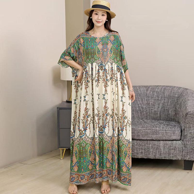 South East Asia 100kg super fat dress fat girl plus short sleeve maternity dress loose floral beach long skirt