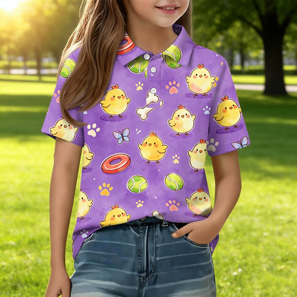Kids Short Sleeve Polo Shirt Animal Print Casual Top Button Down Collar Lightweight Summer Tee for Boys Girls