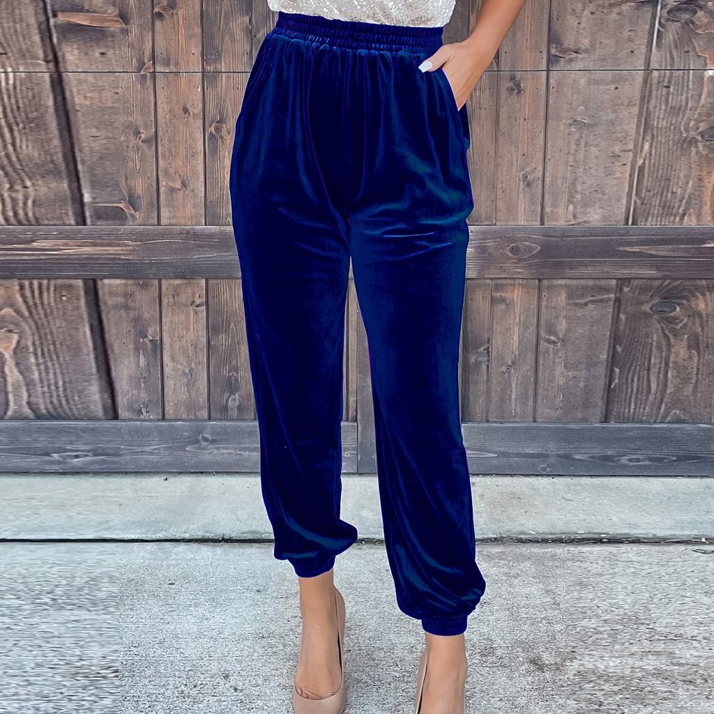 Damen-Hose aus goldenem Samt, gerade Hose, elastische Taille, Freizeithose