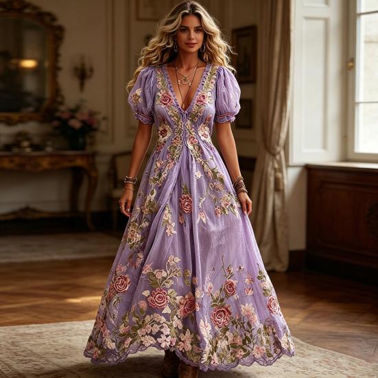 Damska Sukienka Maxi Boho z Dekoltem V, Kwiatowa Sukienka Casual A-line z Krótkim Rękawem, Vintage Westernowe Stroje Podróżne Wakacyjne