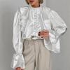 Damen Winter Elegante Bluse Mit Rüschenkragen Stehkragen Ausgestellte Ärmel Lockere Passform Unifarbene Bluse
