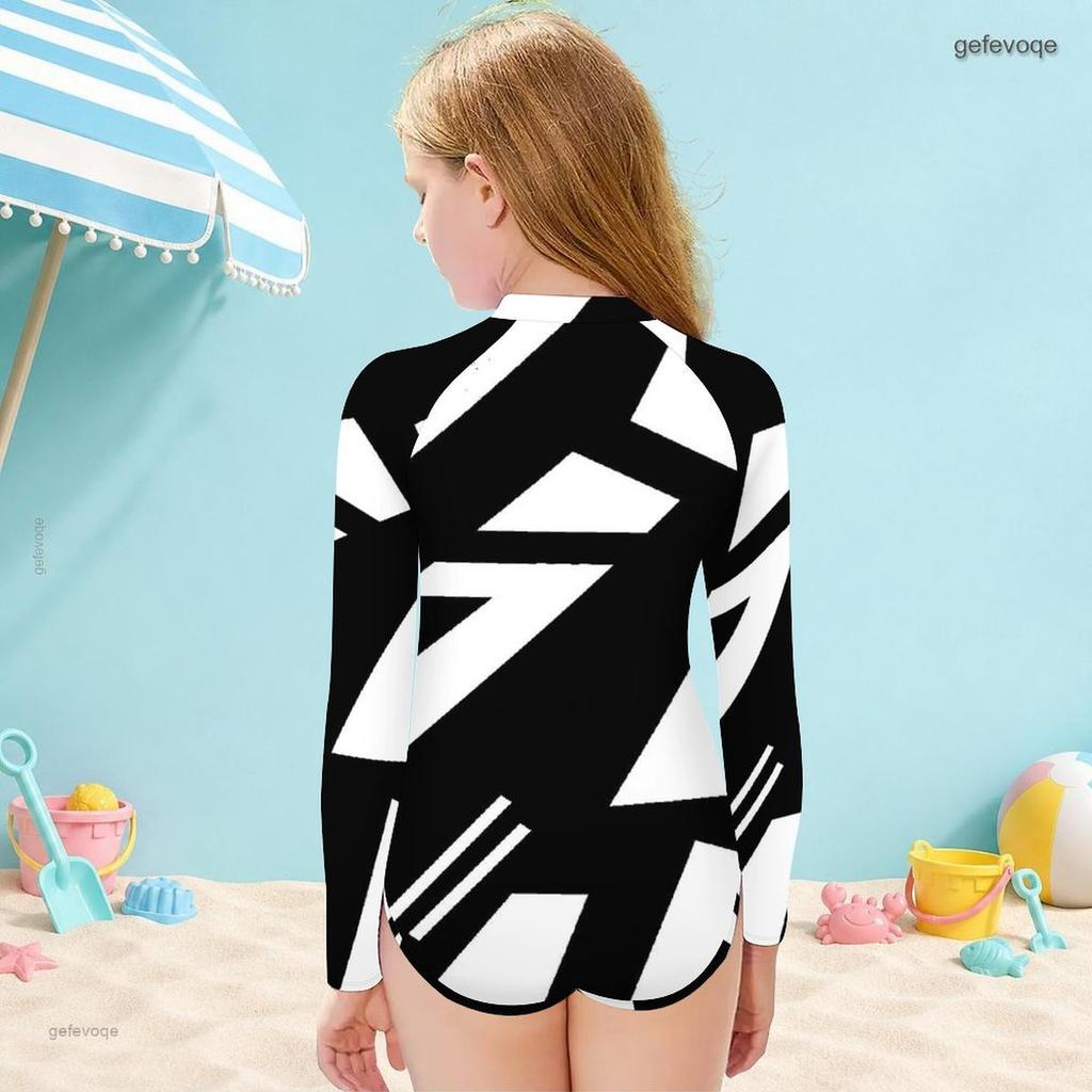 Girls High Neck Long Sleeve Front Zip One Piece Swimsuit Black White Geometric Printed