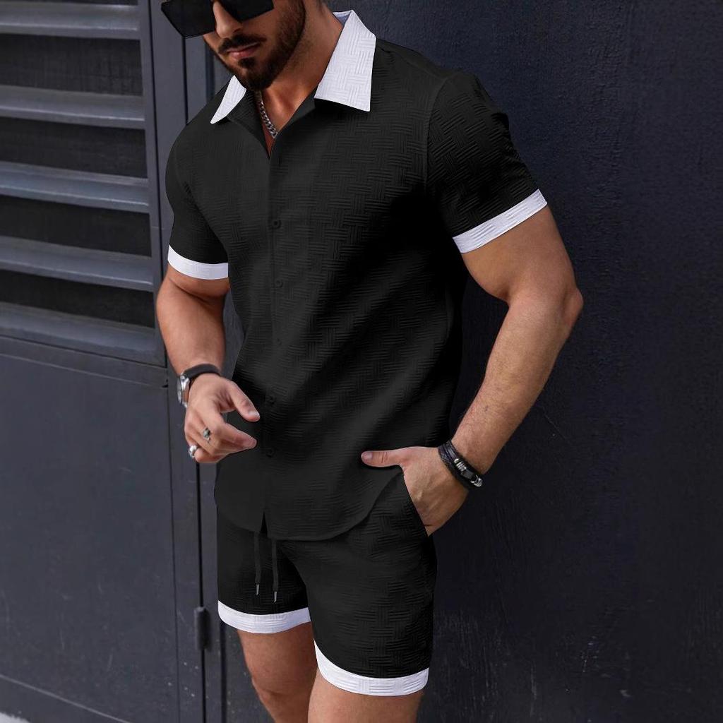 Set da Spiaggia da Uomo Camicia Casual a Blocchi di Colore Maniche Corte Pantaloncini