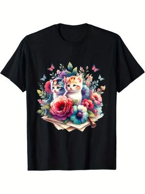 Kitten And Flowers Graphic Tee Men's Casual Short Sleeve Crewneck Breathable Cotton T-Shirt Daily Wear
