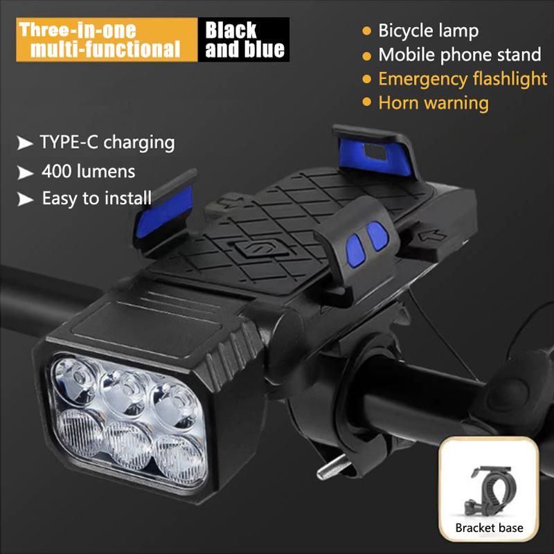 3-in-1 Bicycle Front Light with Horn & Phone Holder 6 LED Bike Light 2400mAh Bike Headlight Flashlight for Night Safety Riding