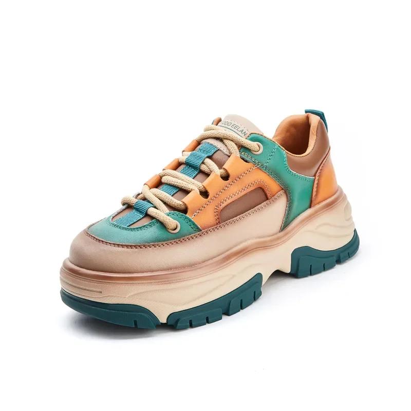 New Spring Autumn Shoes Women Fashion Sneakers Genuine Leather Shoes Height Increasing 5cm Flat Brand Ladies Casual DX304