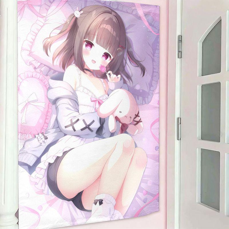 Cute Anime Maid Wall Tapestry Pastel Sweet Style Teen Room Dorm Living Room Gaming Room Hanging Cloth Decor