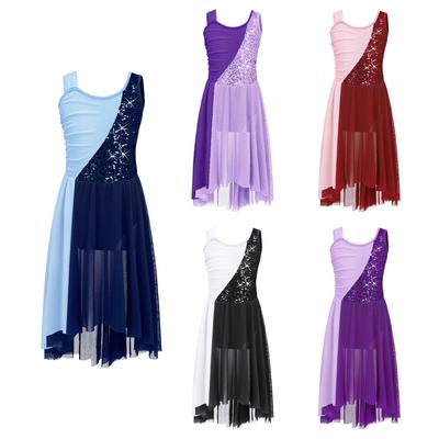 Kids Girls Sleeveless Chiffon Lyrical Dance Costumes Color Block Leotard Dress Modern Contemporary Dresses