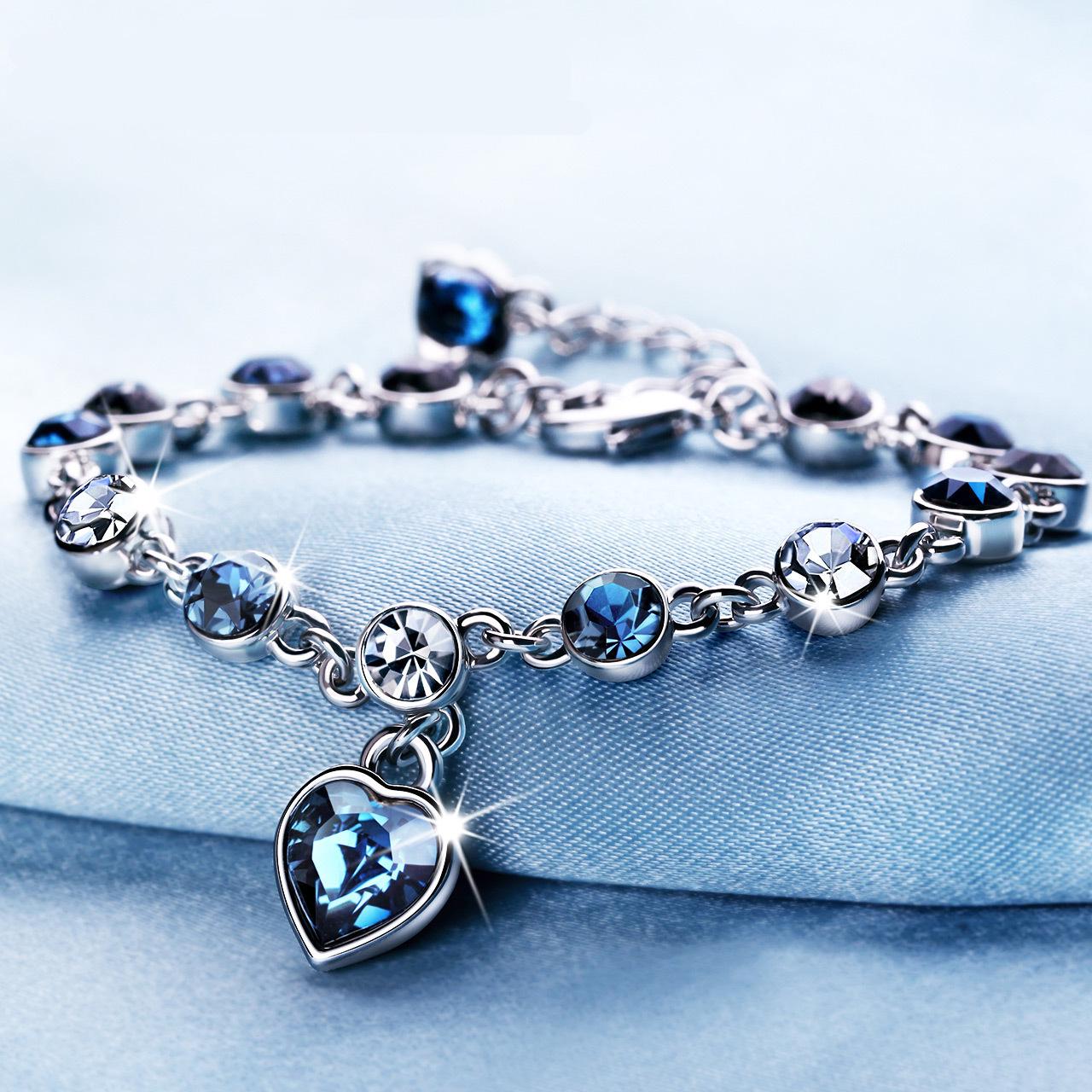 

Silver Bracelets with Crystal Romantic Love Bracelet Blue Zircon Heart Shape Sweet Style Valentine s Day Gift Jewelry for Women