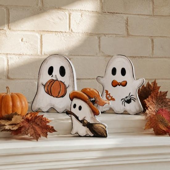 Halloween Ghost Wooden Table Decor Cute Sign, Pumpkin Tombstone Plaque Lightweight Party Supplies for Tiered Tray Decor, Spooky Festive Home Ornament