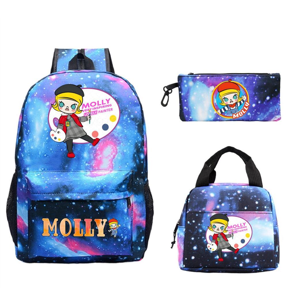Cute Molly Cartoon Peripheral Casual Backpack Printing Trend Primary and Secondary School Schoolbag Three-piece Set