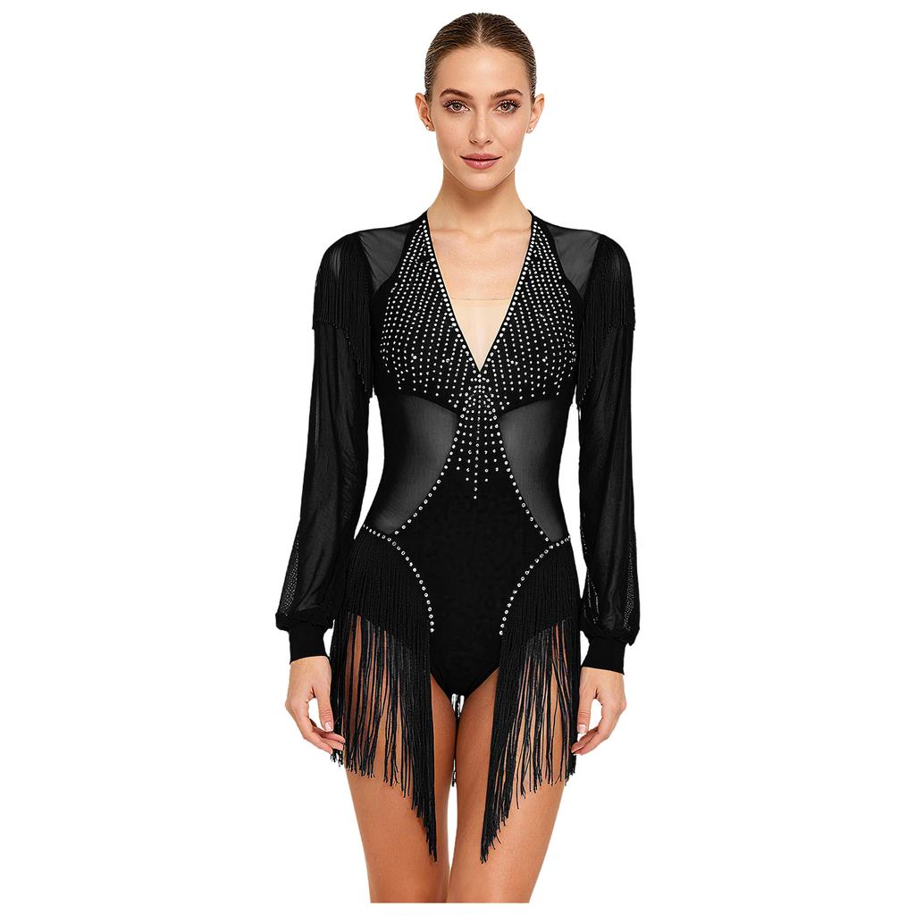 Damski trykot body do tańca latynoamerykańskiego Tango Siateczkowe wstawki Błyszczące dżety Frędzle Długi rękaw Rozpinany krok Kombinezon