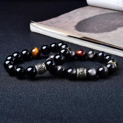 Men's Retro Silver Obsidian Beaded Bracelet