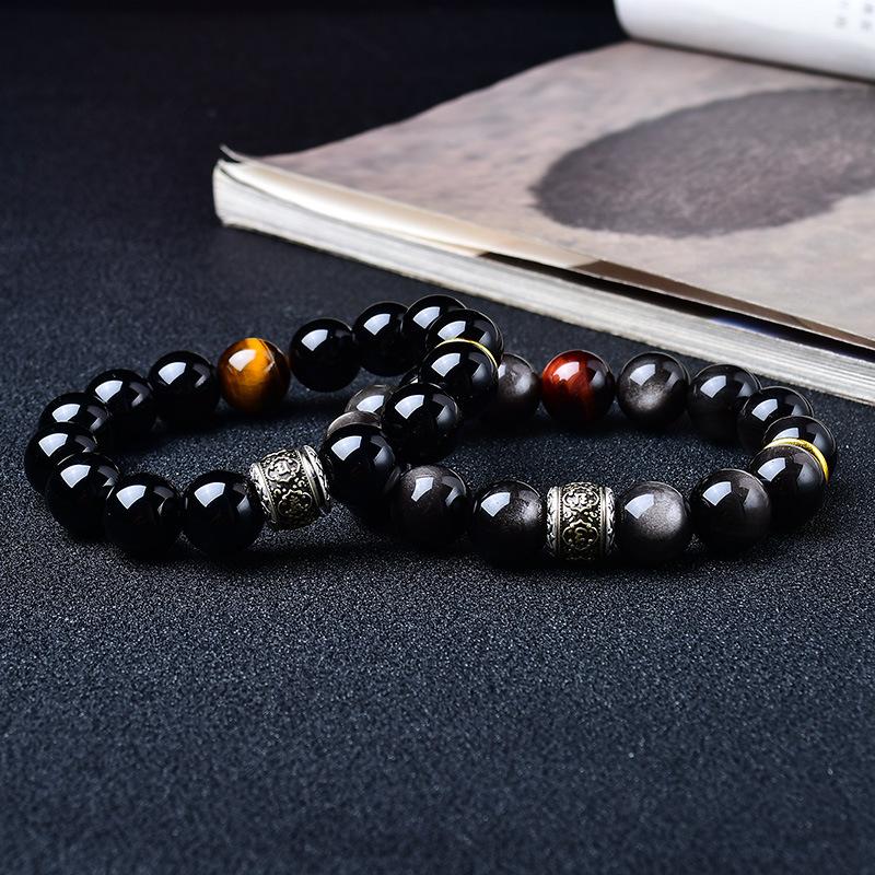 Herren Retro Silber Obsidian Perlenarmband