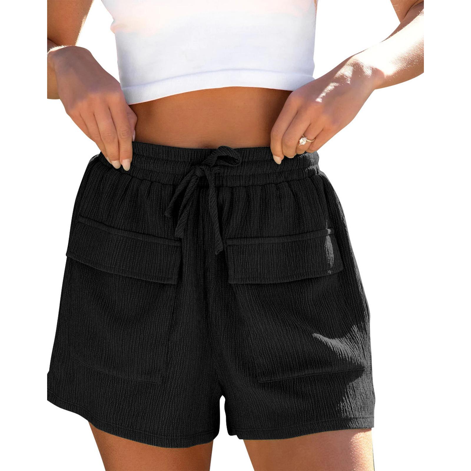 

Women’s High Waist Drawstring Shorts with Large Front Pockets Relaxed Fit Casual Summer Lightweight Design L чёрный