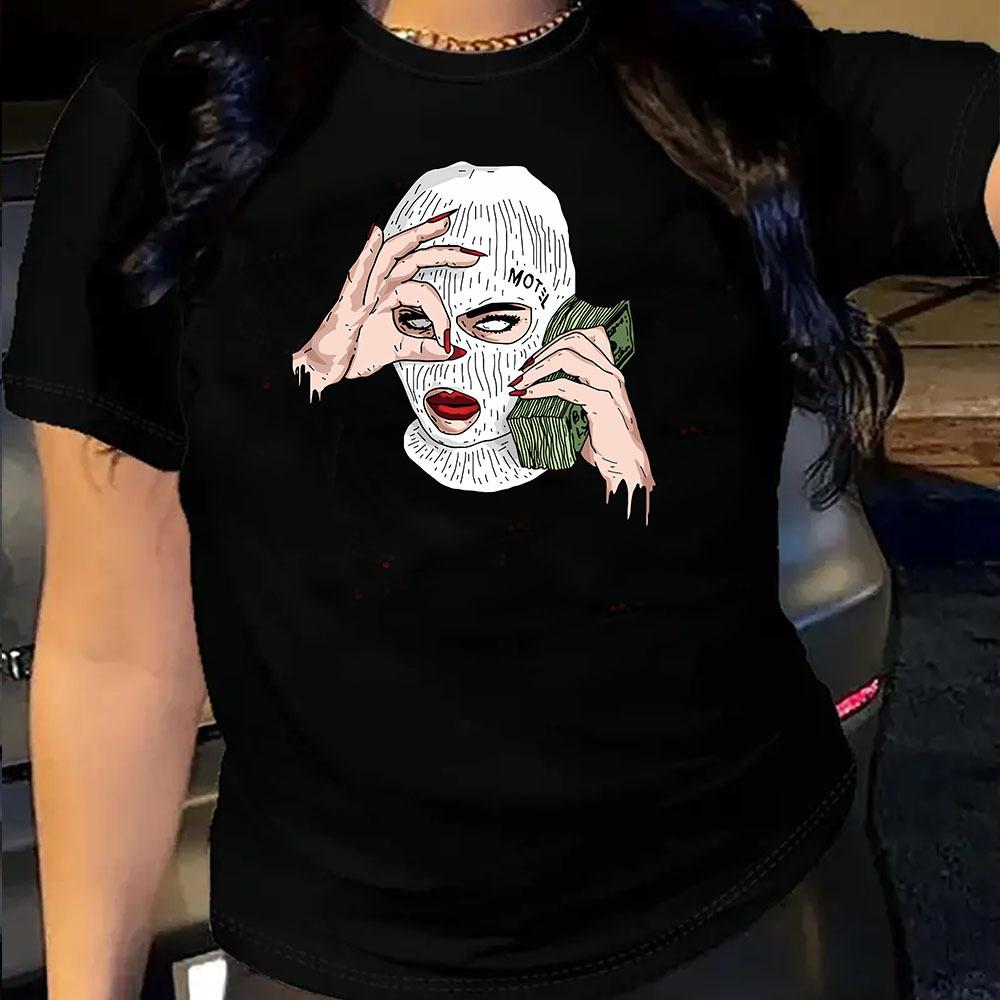 

Spoof US dollars Cotton T-Shirt Short Sleeve Round Neck Women 2d Print Tops S