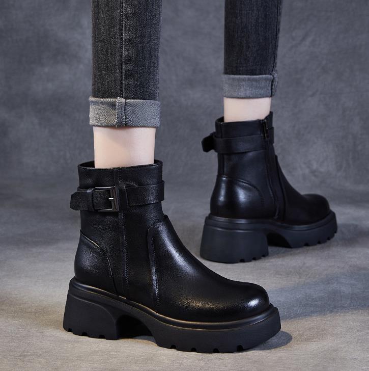 Fashion 6CM Women Platform Mid Calf Boots Autumn Winter Warm Thick High Heel Side Zipper Round Toe Handmade Retro Trend Boots 2025