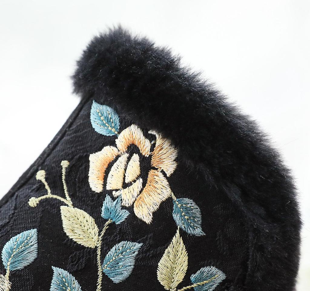 Winter Quilted Fleece-Lined High-Heeled Cotton Boots with Frog Closure and Floral Gold Thread Embroidery