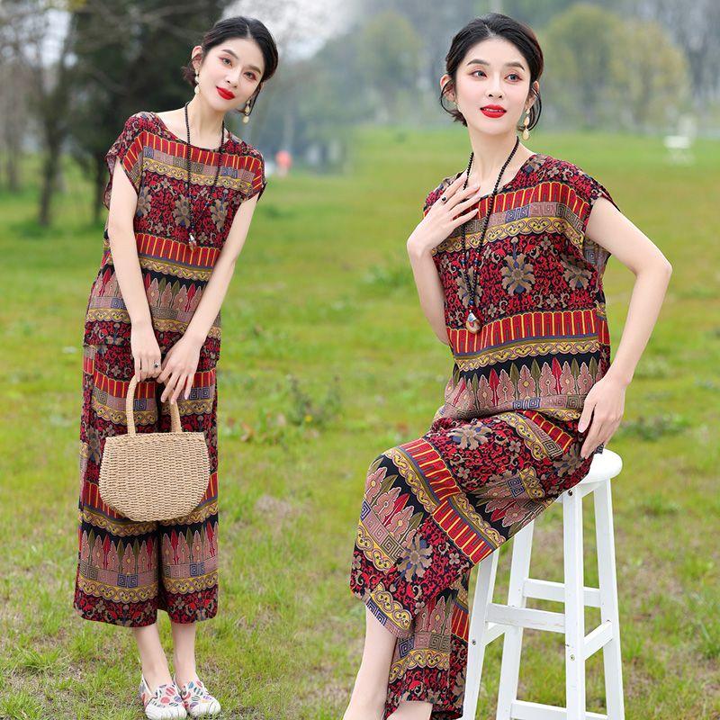 Cotton Silk Two Piece Set Womens Summer Outfit Loose Short Sleeve T-shirt and Pants Casual Trendy Plus Size