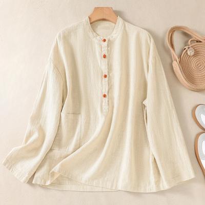 Blusa feminina plus size de algodão e linho, gola alta artística, com fivela colorida, blusas e camisas