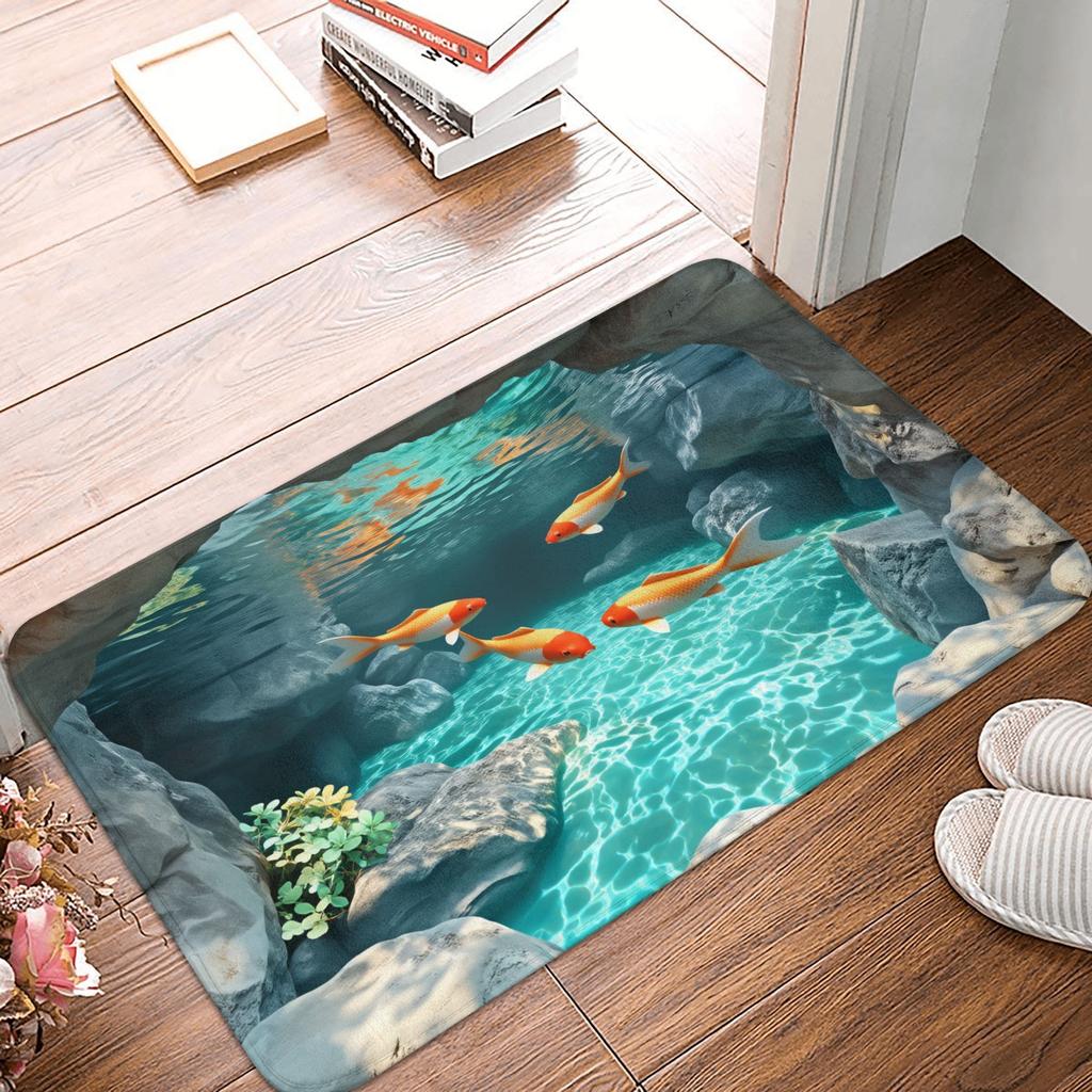 Vibrant 3D Koi Fish Illusion Doormat Non-Slip Bathroom Kitchen Mat Bedroom Balcony Door Floor Entrance Carpet Rug