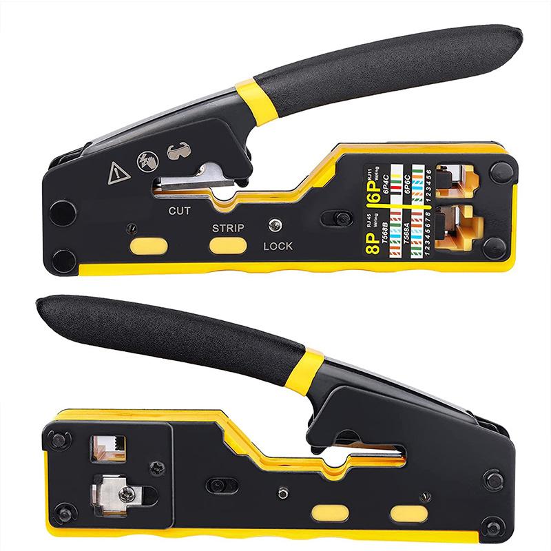 Ratcheting Modular Data Cable Crimper / Wire Stripper / Wire Cutter for RJ11/RJ12 Standard, RJ45 Pass-Thru Connectors