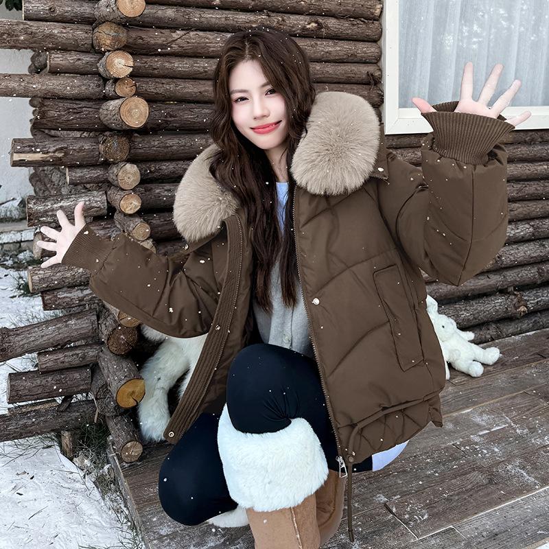 Winter Großer Pelzkragen und Baumwolljacke Warm Winddicht Gefütterter Mantel für Damen Verdickt O Locker Übergroß Oberbekleidung