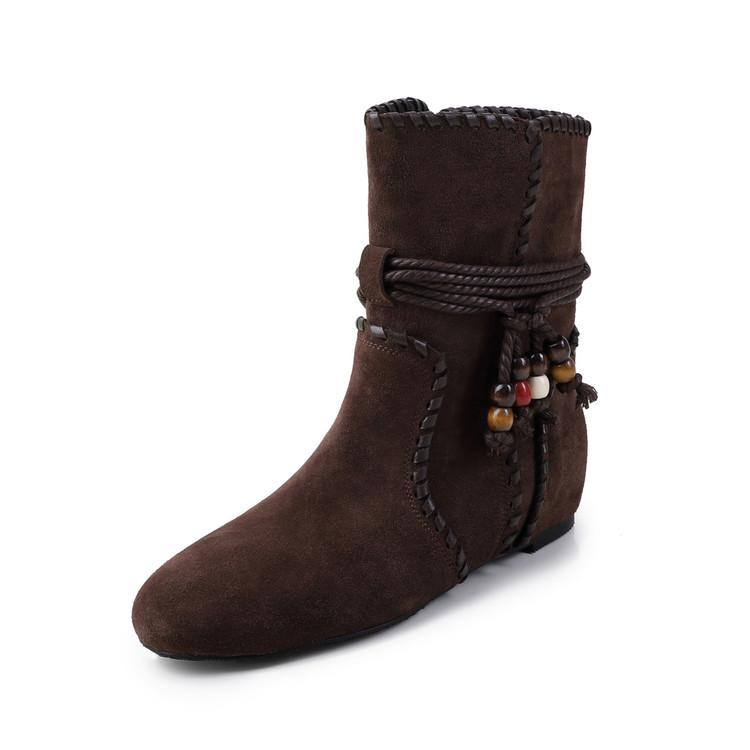 Mode Herbst/Winter Kuhveloursleder Damenstiefel Schuhe mit runder Zehenpartie für Damen Mode Stiefel Interne Höhenerhöhung Ethnischer Stil Kurze Stiefel