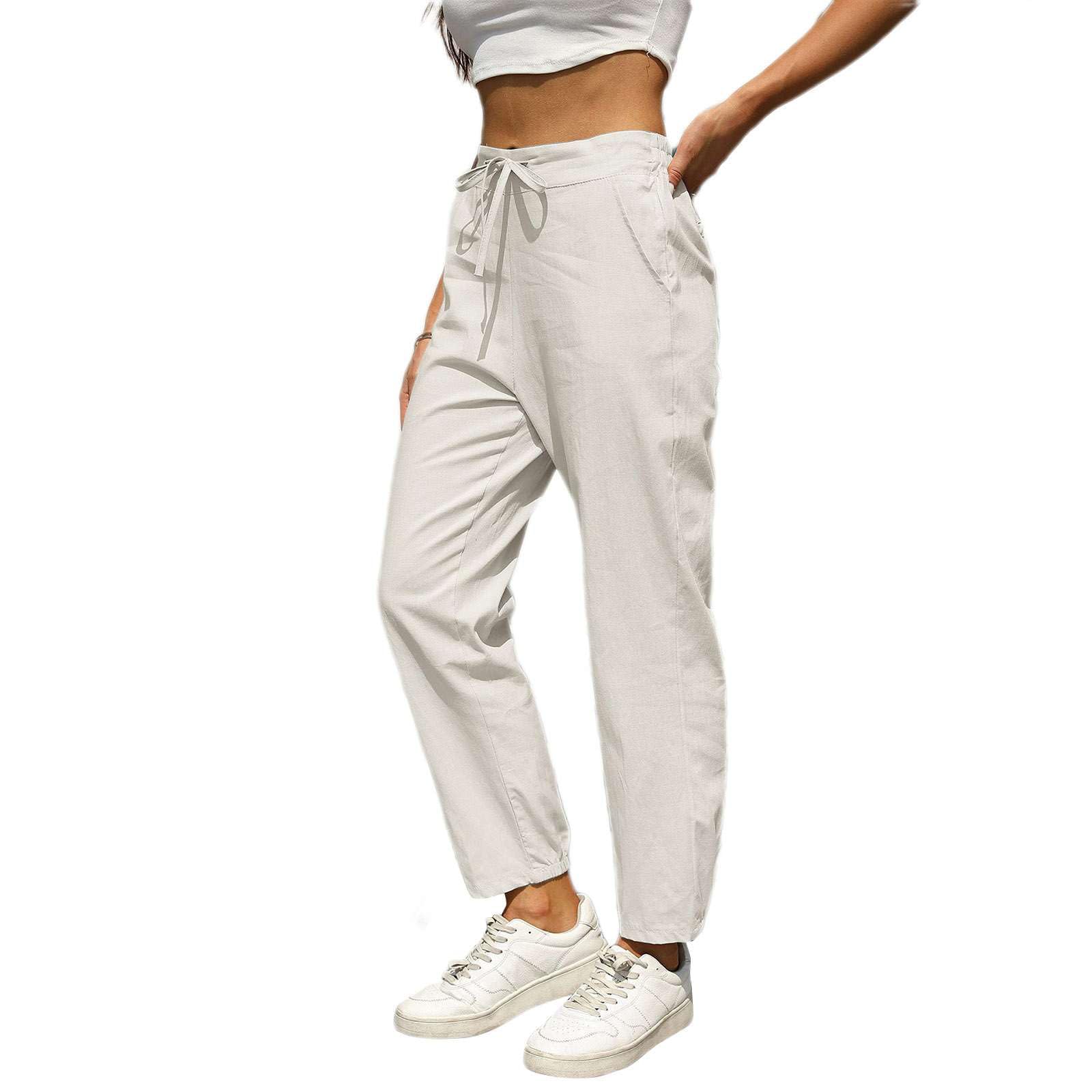 

Women Elastic High Waist Pant Casual Fit Wide Leg Long Pants Trousers With Pockets XL білий