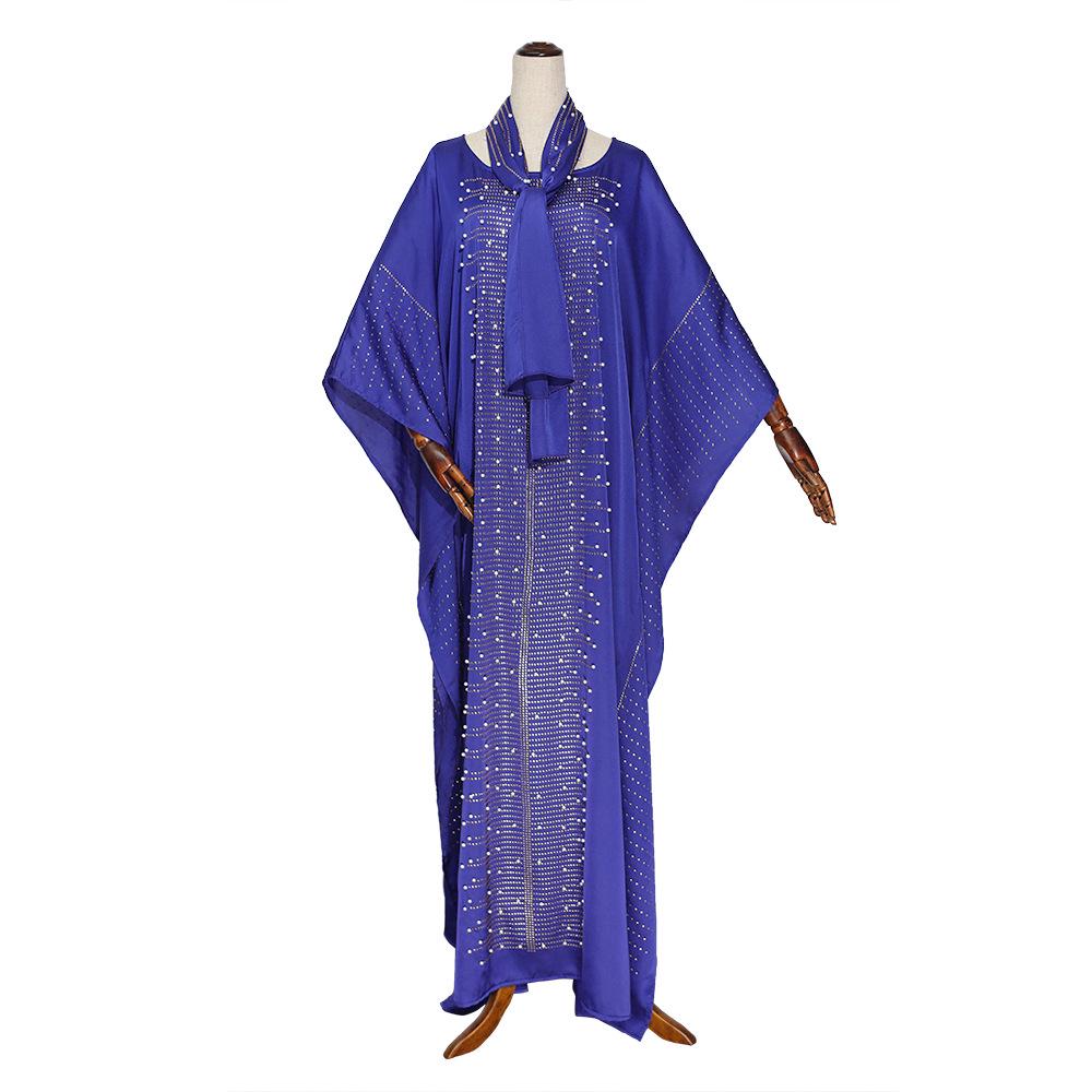 

African Plus Size Beaded Silk Satin Batwing Sleeve Robe with Headscarf One Size темно-синий