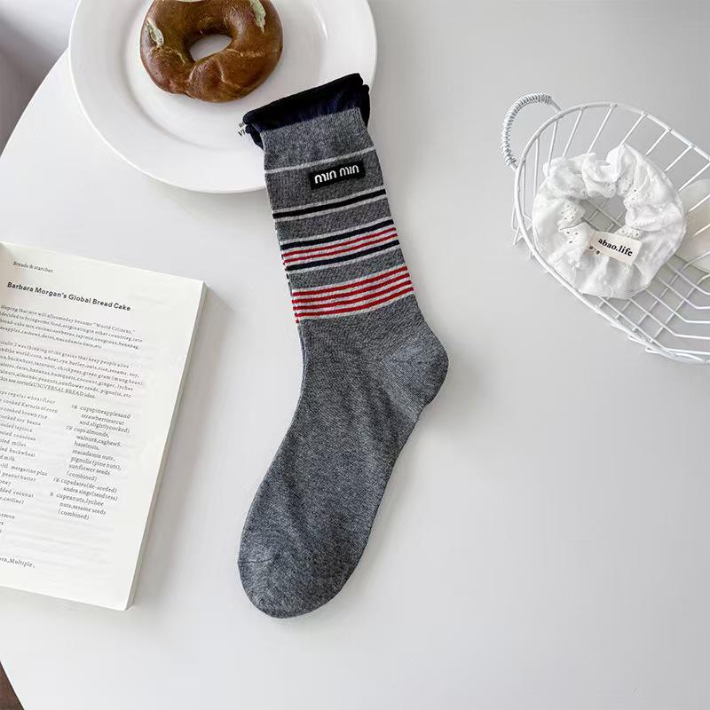 Women's Mid-Calf Striped Slouch Socks - Korean Style, Breathable Cotton for Spring & Autumn