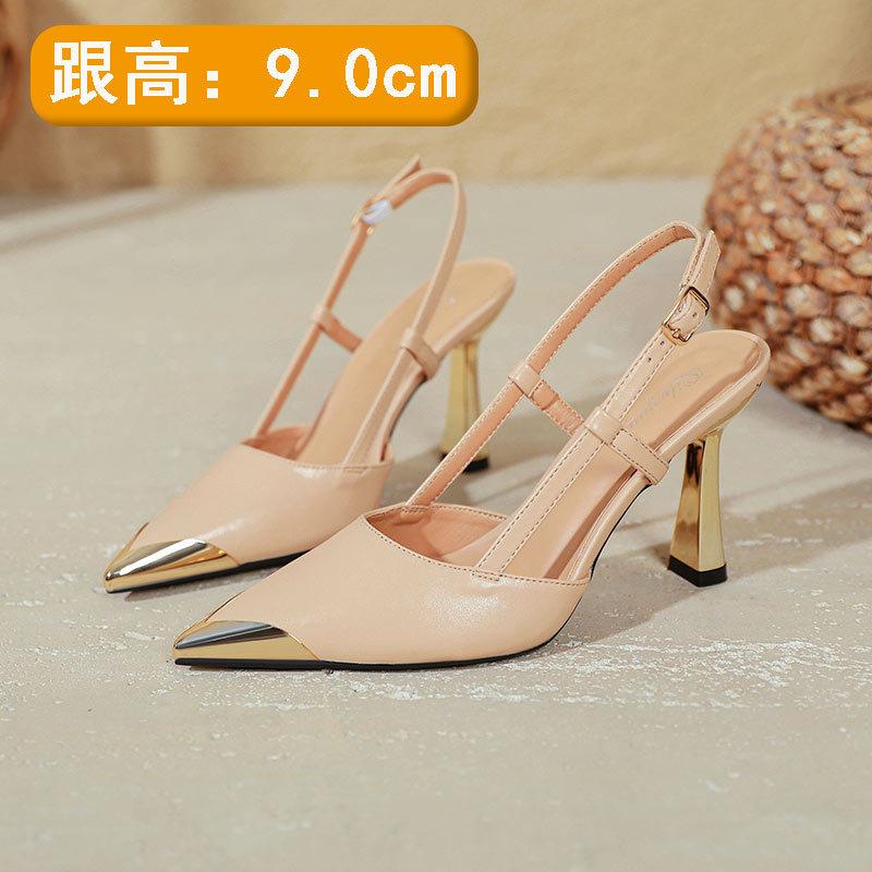 

Металлическая железная головка туфли на высоком каблуке женские тонкие каблуки с острым носком большого размера женская обувь телесного цвета сексуальные с открытой пяткой сумка головка сандалии 42