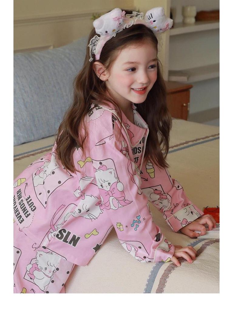 Kids' Korean Style KT Cat Pajamas - Girls' Medium/Large, Cute Cartoon Spring/Autumn Sleepwear