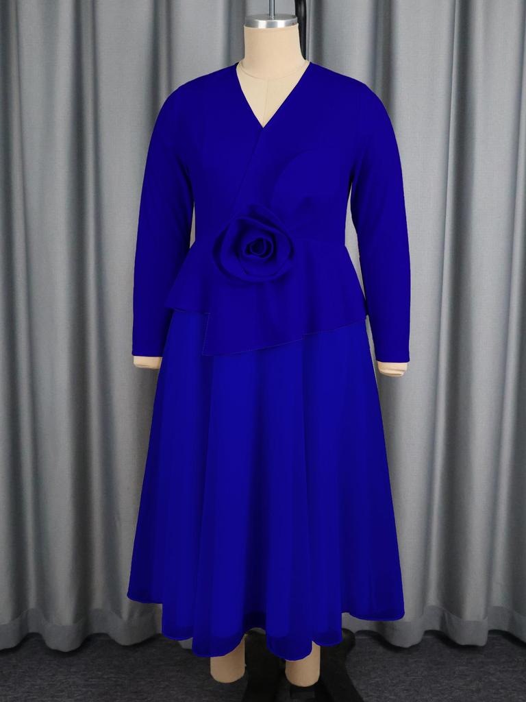 Plus Size Women's Elegant V-Neck 3D Floral Long Sleeve Ruffled Party Dress