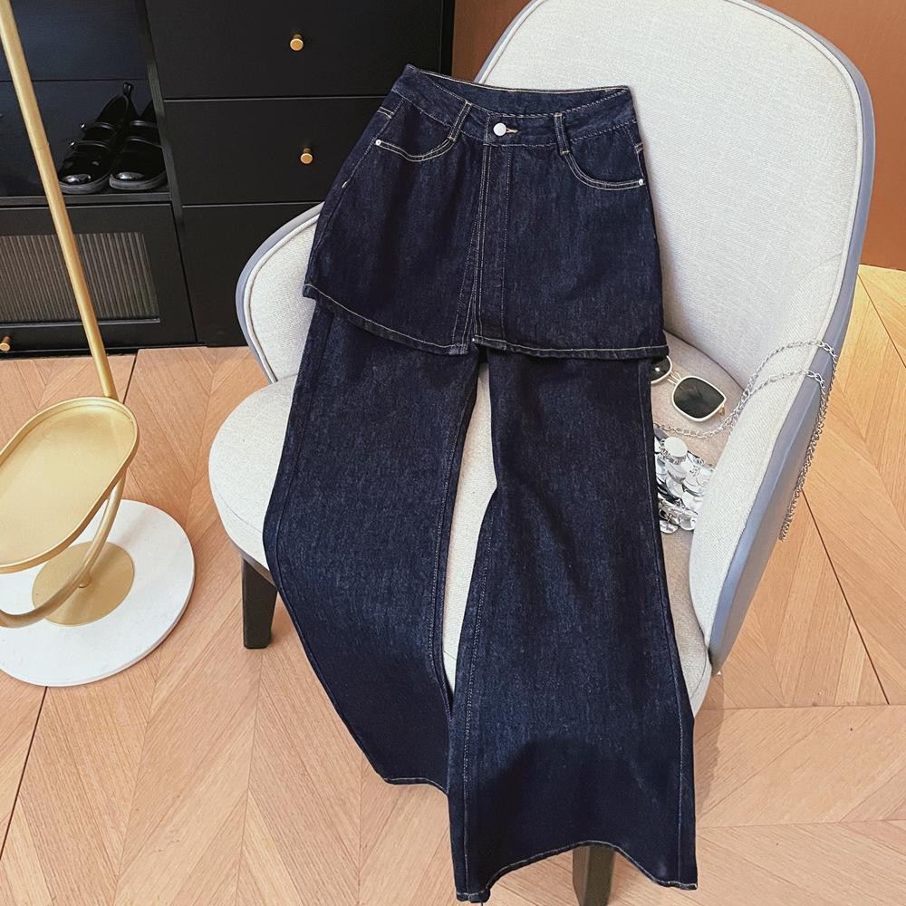 

2025 Autumn/Winter Women s Patchwork Two-Piece Look Denim Wide-Leg High-Waisted Slimming Pants XS синий