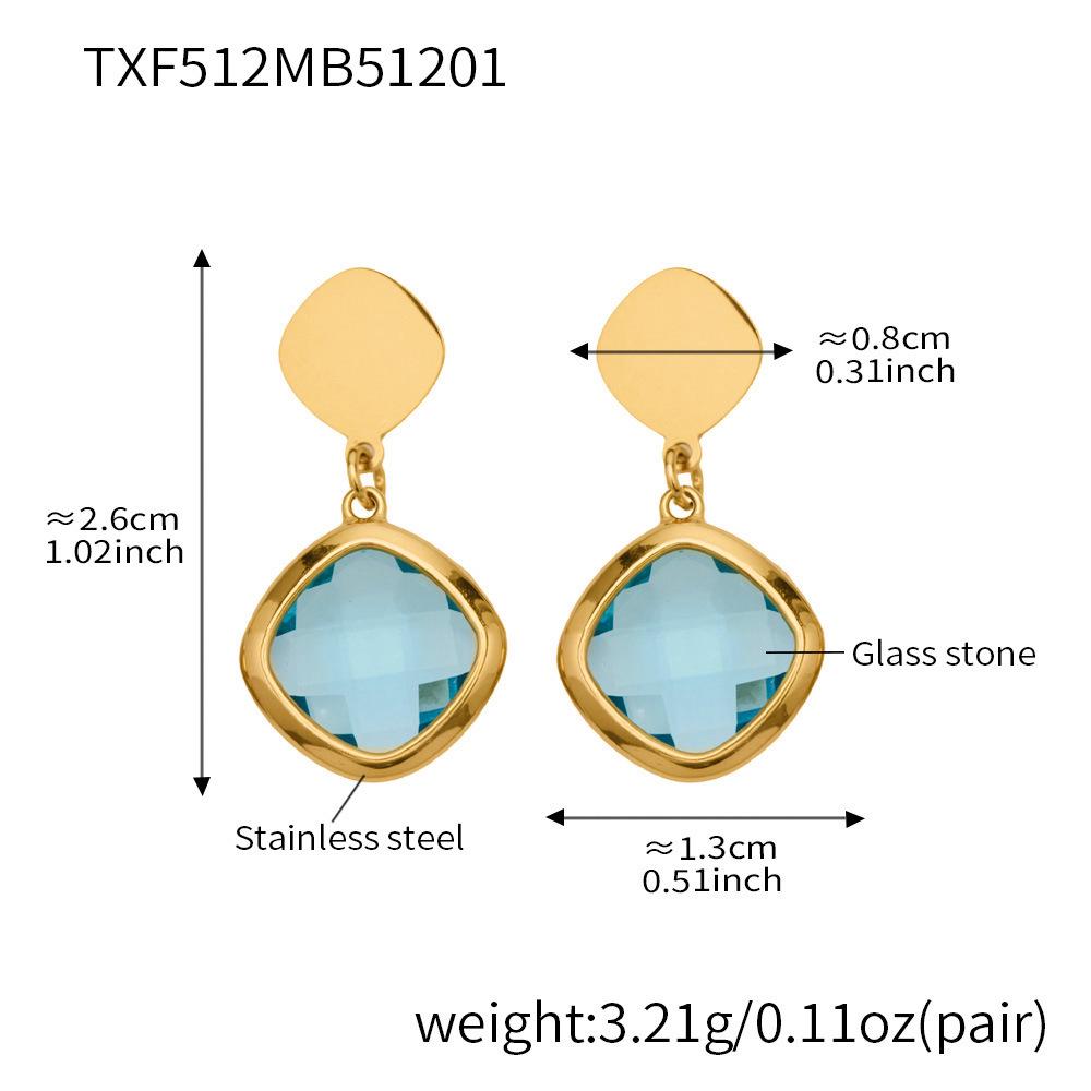 Stylish European & American Stainless Steel Jewelry Set with Square Faceted Glass Stones: Includes Bracelet, Necklace, and Earrings