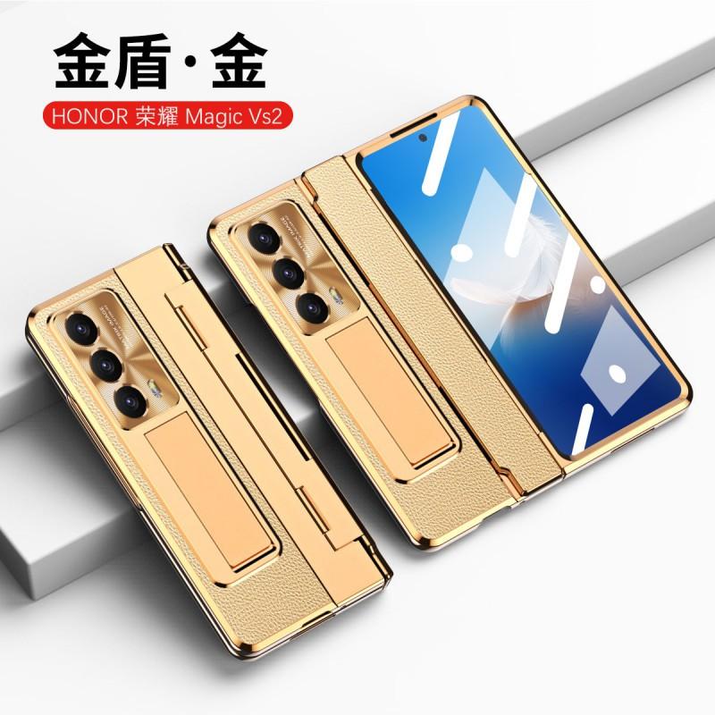 Premium Full Coverage PC Case Honor Magic V2 Foldable Phone Electroplated Vegan Leather Shockproof Anti-Fingerprint