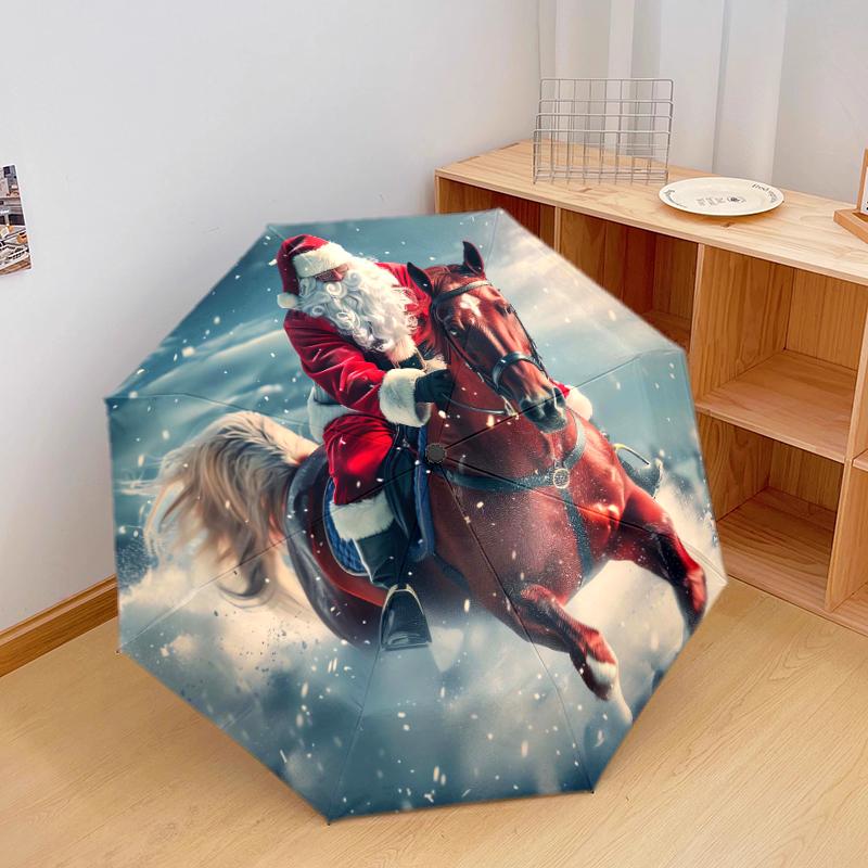 1 PC Automatic Folding Umbrella - Christmas horses, Christmas dogs Pattern, Portable & Foldable Design with 10 Ribs, Christmas Birthday Gifts