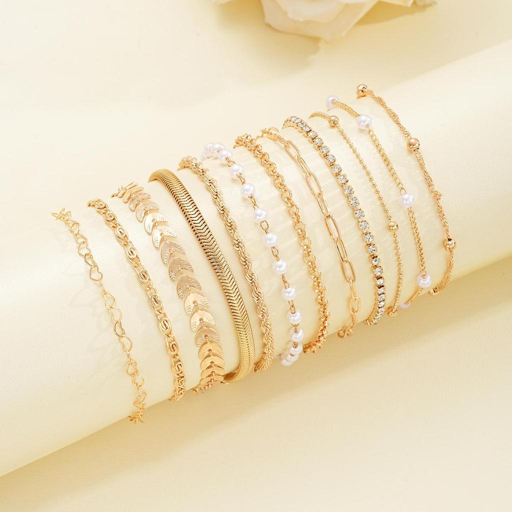 12pcs Minimalist Heart Pearl Rhinestone Snake Chain Bracelet Set for Women Elegant Gold Color Dates Vacations Daily Wear Jewelry