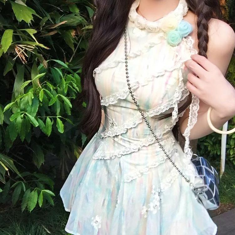 French Summer Lace Jasmine Green Sleeveless Slimming Waist Long Dress for Women