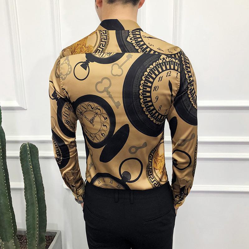 Vår Lyx Guldtryck Casual Skjorta Herr Mode Fest Långärmad Skjorta Slim Fit Smoking Skjortor Nattklubb Arbete Social Skjorta