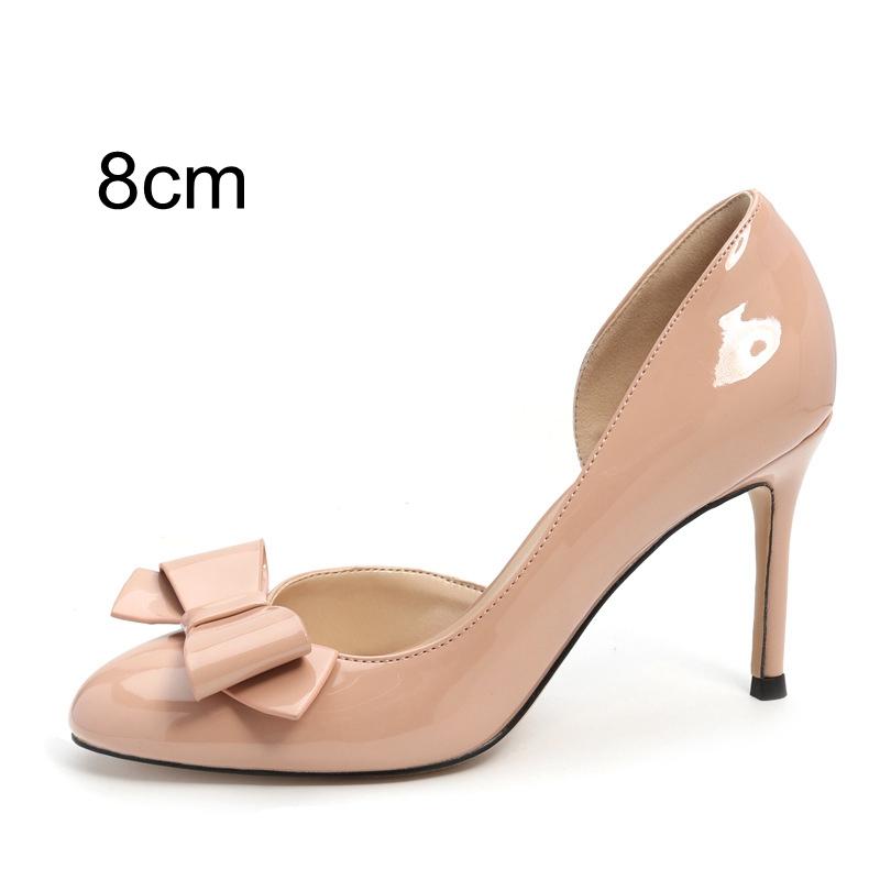 Women's Nude Patent Leather Stiletto Pumps - Round Toe Bow D'Orsay Side Cutout Elegant Low Vamp Petite High Heel Dress Shoes