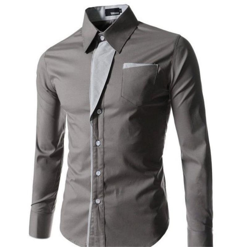 Men Slim Fit Long Sleeve Button Down Dress Shirt Contrast Detail Pocket Formal Business Wedding Shirt