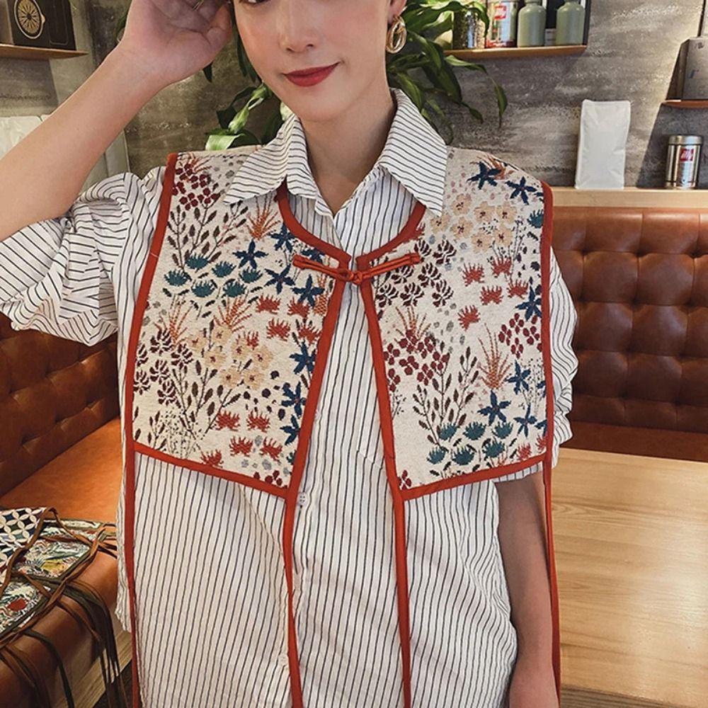 Random Pattern Fake Collar Capelet Floral Printed Lace Up Waistcoat Women Embroidered Vest Girls
