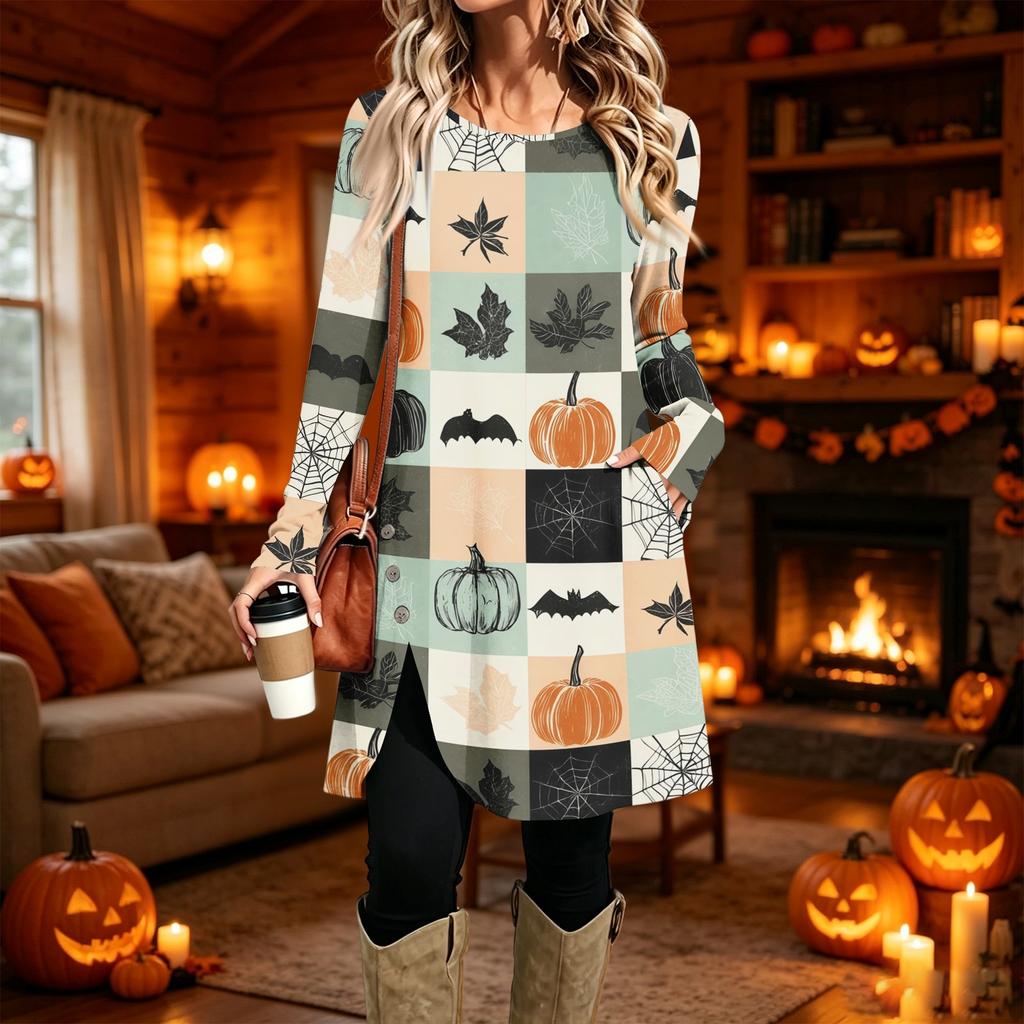 Women's Casual Printed Long Sleeve Round Neck Dress for Everyday Fashion